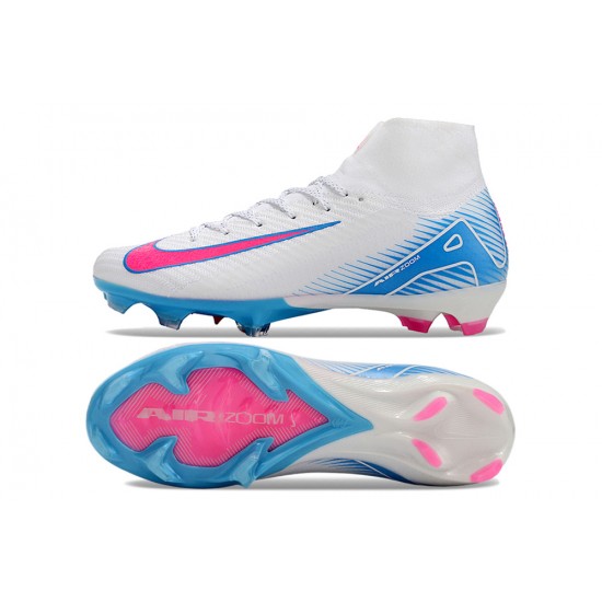 Top Quality Nike Air Zoom Mercurial Superfly 10 Elite FG White Pink Ltblue High Top Soccer Cleats On Sale