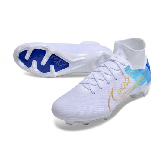 Nike Air Zoom Mercurial Superfly 9 Elite FG High Top Soccer Cleats White Blue For Men And Women 