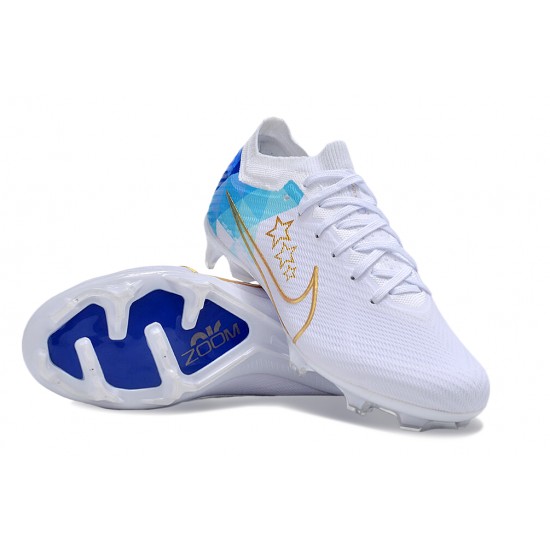 Nike Air Zoom Mercurial Vapor 15 Elite FG Low Soccer Cleats White Gold Blue For Men And Women