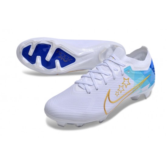 Nike Air Zoom Mercurial Vapor 15 Elite FG Low Soccer Cleats White Gold Blue For Men And Women
