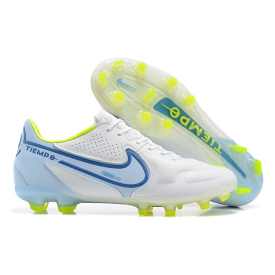 Nike Tiempo Legend 9 Elite FG Low-Top White Blue Yellow Men Soccer Cleats 