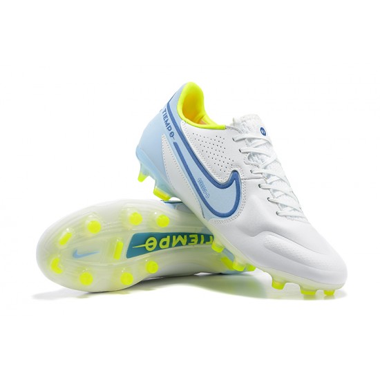 Nike Tiempo Legend 9 Elite FG Low-Top White Blue Yellow Men Soccer Cleats 